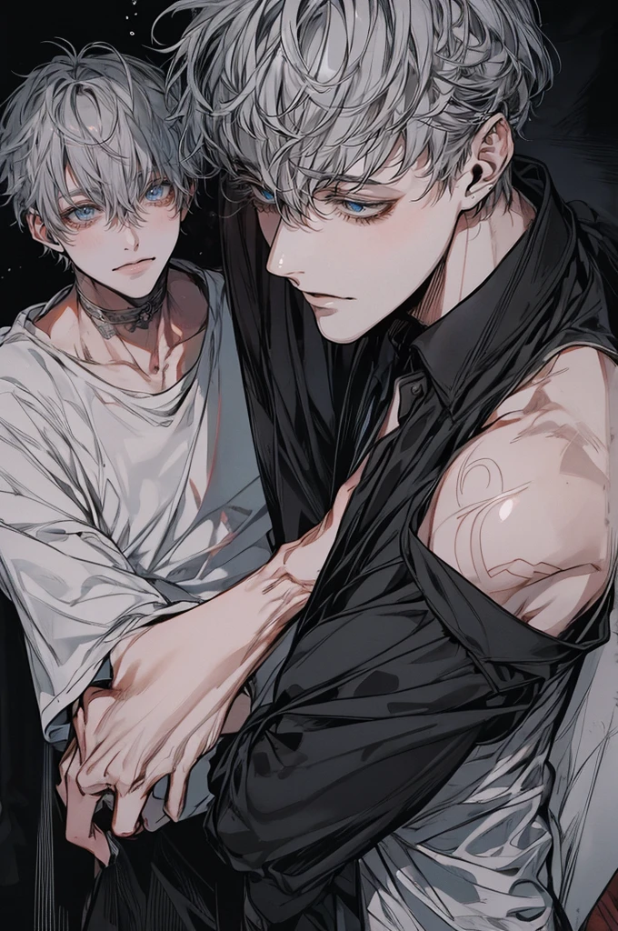 (Mastepiece), (Best Quality), Very detailed, ((Two men kissing on the cheek)), Perfect Face, (Happy Face:1.3)、Beautiful Face, Very detailed顔，(One black-haired man:1.3)，(One white-haired man:1.3)，T-Shirts、smile、bed