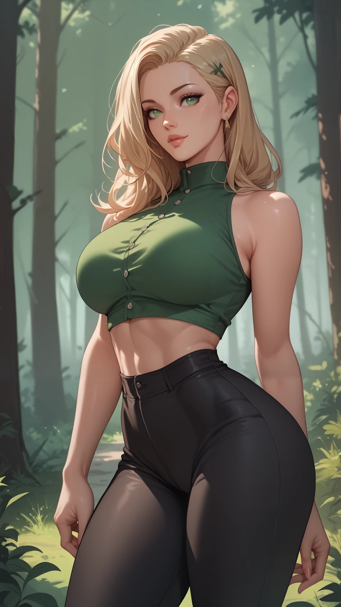 Woman, blond hair, green eyes, sexy body, huge boobs, thin waist, Wear green cropped pants and black pants. is in a forest.