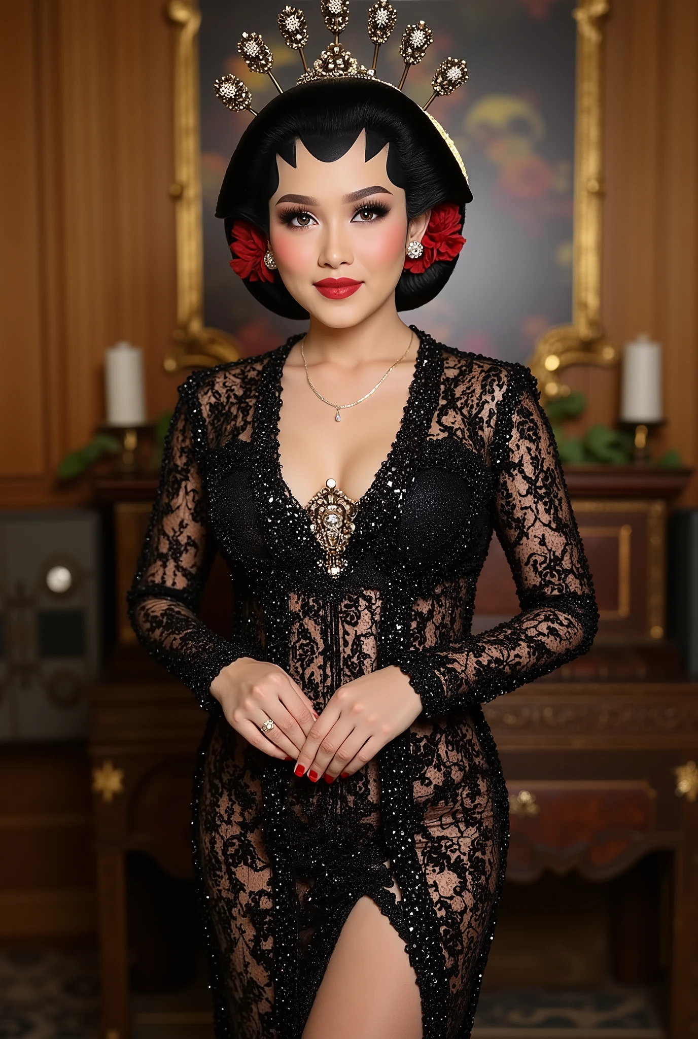 sexy javanese with absolute cleavage and thigh slit wearing glasses showing navel