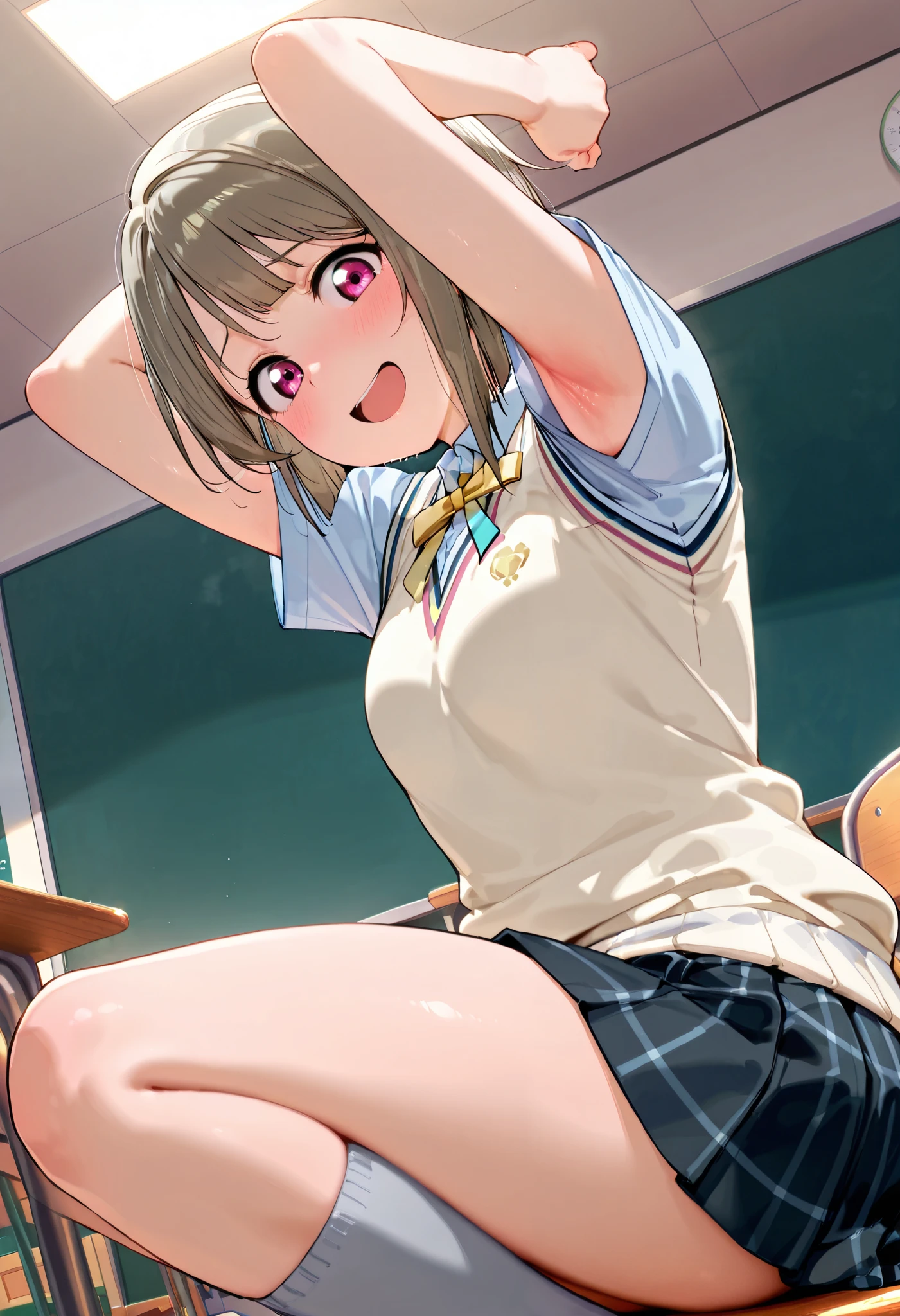 nakasu kasumi, asymmetrical hair, short hair, small breasts, single sidelock,
short sleeves, sweater vest, summer uniform, nijigasaki academy school_uniform,
,BREAK, armpit, arms over head, focus on armpit,
smile, ,scorn,open mouth, (cheerful),looking down at viewer,\(red blush\), embarrassed,
BREAK,
,sitting,looking down at viewer,Squatting,
from side,show armpit from short sleeves,
((masutepiece,hight resolution)), masutepiece, Best Quality, , absurderes, Perfect Skin, Detailed skin texture, ultra-detailliert, 8K, Intricate details, beautifull detailed face,hight resolution, 1girl ,from front,
indoors,class room