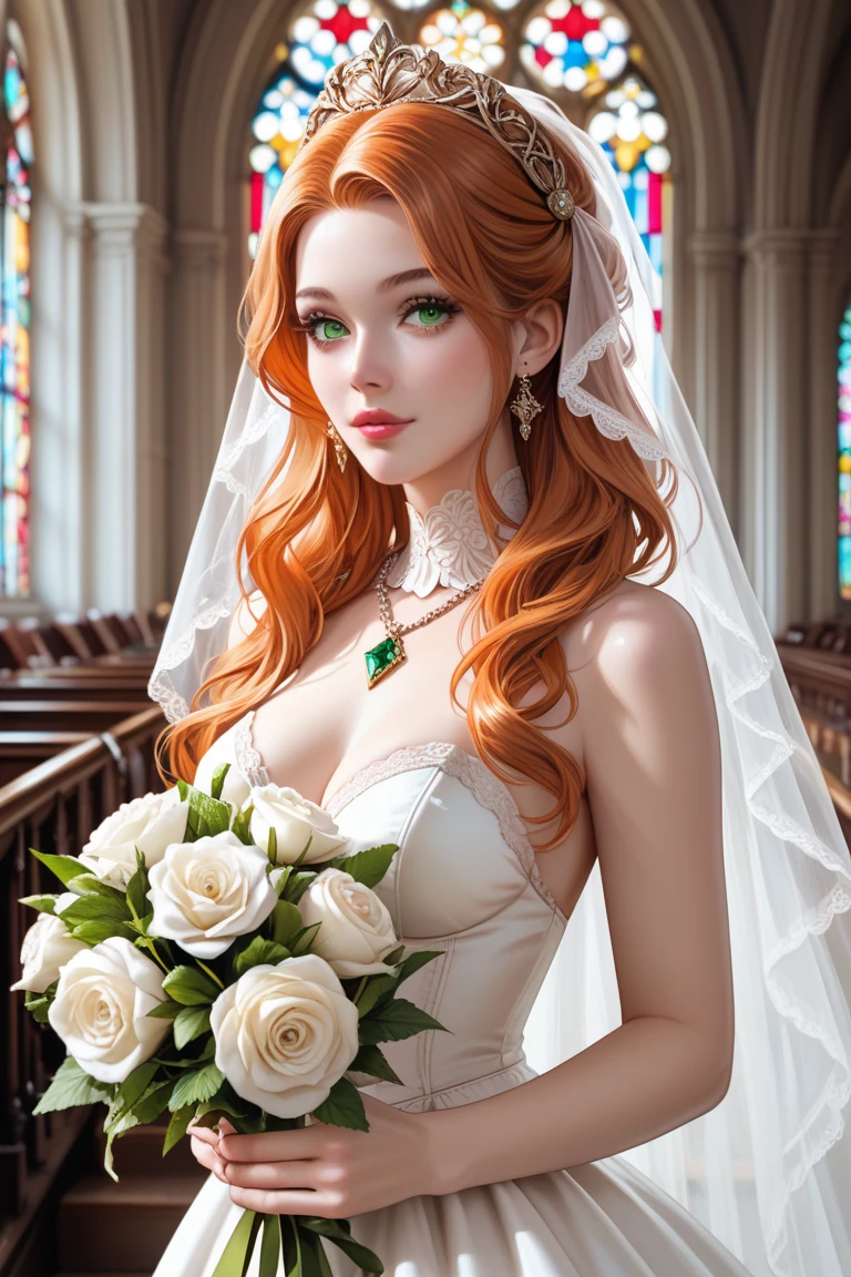 Masterpiece, digital artwork, A gorgeous redhead elf, ornate wedding dress, glass painted windows in church, stars, elegant portrait,  celestial allure, captivating gaze, artistic embellishments, timeless charm, dreamlike atmosphere, natural beauty, art by Jackie Droujko, Thomas w Schaller, Sylvain Sarrailh, Ilya kuvshinov , highly detailed, intricately detailed, dynamic volumetric lighting, smirking , cleavage, navel, bouncy butts,