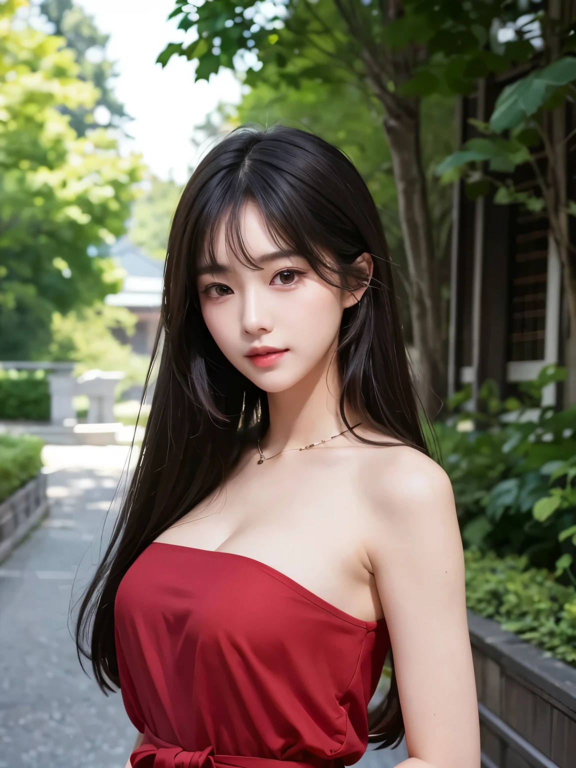 masterpiece, The highest image quality, hightquality, beautiful a girl, , Japan schoolgirl, Popular Korean Makeup, detaileds, Swollen eyes, detailedsな目, detailedsな肌, Beautiful skins, 超hight resolution, (现实:1.4), very extremely beautiful, Slightly younger face, Beautiful skins, slender, (A hyper-realistic), (illustratio), (hight resolution), (8K), (非常にdetaileds), (最高のillustratio), (美しくdetailedsな目), (超detaileds), (wall-), (detaileds顔), looking at the viewers, finely detail、detailedsな顔、pureerosfaceace_v1、a smile、Looking straight ahead、Looking straight aheale from waist up、life-like、Bright lighting、profetional lighting、A dark-haired(Some greenery)、length hair、Dark ruinig Red Moon、Gorgeous red and black dress、a matural female、long stylish bangs、