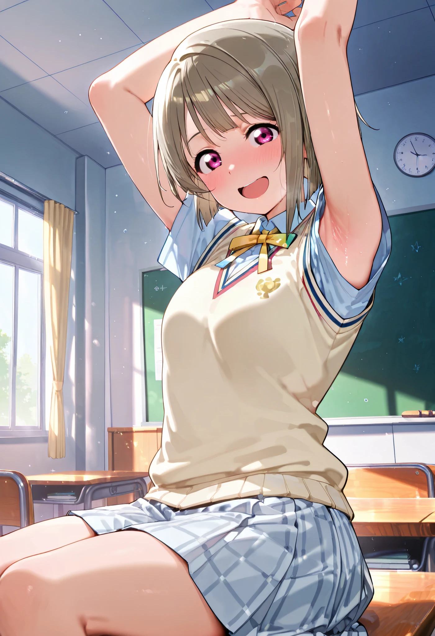 nakasu kasumi, asymmetrical hair, short hair, small breasts, single sidelock,
short sleeves, sweater vest, summer uniform, nijigasaki academy school_uniform,
,BREAK, armpit, arms over head, focus on armpit,
smile, ,scorn,open mouth, (cheerful),looking down at viewer,\(red blush\), embarrassed,
BREAK,
,sitting,sitting on cheir, looking at viewer,,
from side,show armpit from short sleeves,
((masutepiece,hight resolution)), masutepiece, Best Quality, , absurderes, Perfect Skin, Detailed skin texture, ultra-detailliert, 8K, Intricate details, beautifull detailed face,hight resolution, 1girl ,from front,
indoors,class room