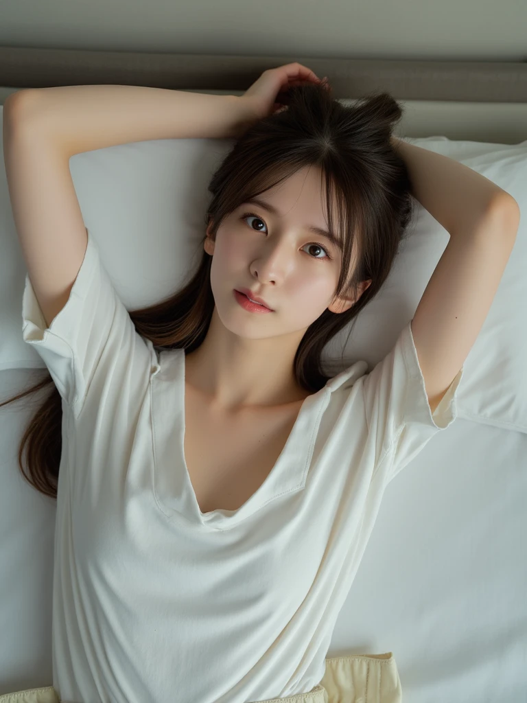 Beautiful girl lying on bed, 14 years old, (Highest quality:1.4), (Very detailed), (Very detailed美しい顔), (Sleepy eyes:1.5), White T-shirt, Great face and eyes, iris, Medium Hair, The Beauty of Japan, (Skinny body type:1.3), (Flat Chest:1.3), (smile), Smooth, Very detailed CG synthesis 8k wallpaper, High-resolution RAW color photos, Professional photography, Light, BackLight, dream-like, impressive, Written boundary depth, Bedroom, (Face close-up:1.3), (Shot from above:1.5)