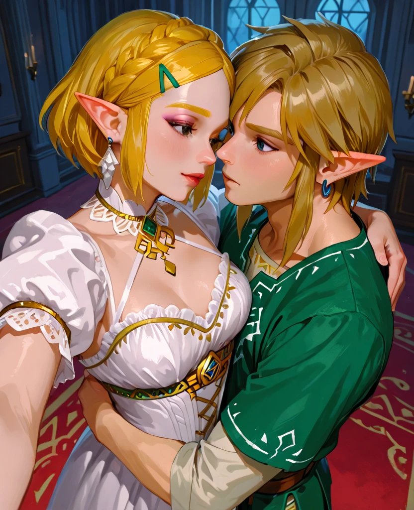 Full Body, ((Princess Zelda in maid outfit and several men around her)) within one meter, Anime Style, masterpiece, maximum quality, maximum resolution, maximum sharpness. She has huge breasts, red hair, light brown eyes, her outfit is a black shirt with a white shot and a white corset. They are groping her in different ways. She is happy with a beautiful smile.