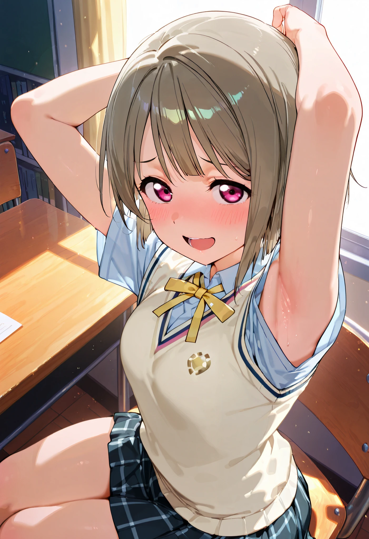 nakasu kasumi, asymmetrical hair, short hair, small breasts, single sidelock,
short sleeves, sweater vest,  summer uniform, nijigasaki academy school_uniform,
,BREAK, armpit, arms over head, focus on armpit,
smile, ,scorn,open mouth, (cheerful),looking down at viewer,\(red blush\), embarrassed, 

BREAK,

,sitting,sitting on cheir, looking at viewer,, 
from side,show armpit from short sleeves,from above, 

((masutepiece,hight resolution)), masutepiece, Best Quality, , absurderes, Perfect Skin, Detailed skin texture, ultra-detailliert, 8K, Intricate details, beautifull detailed face,hight resolution, 1girl ,from front,

indoors,class room