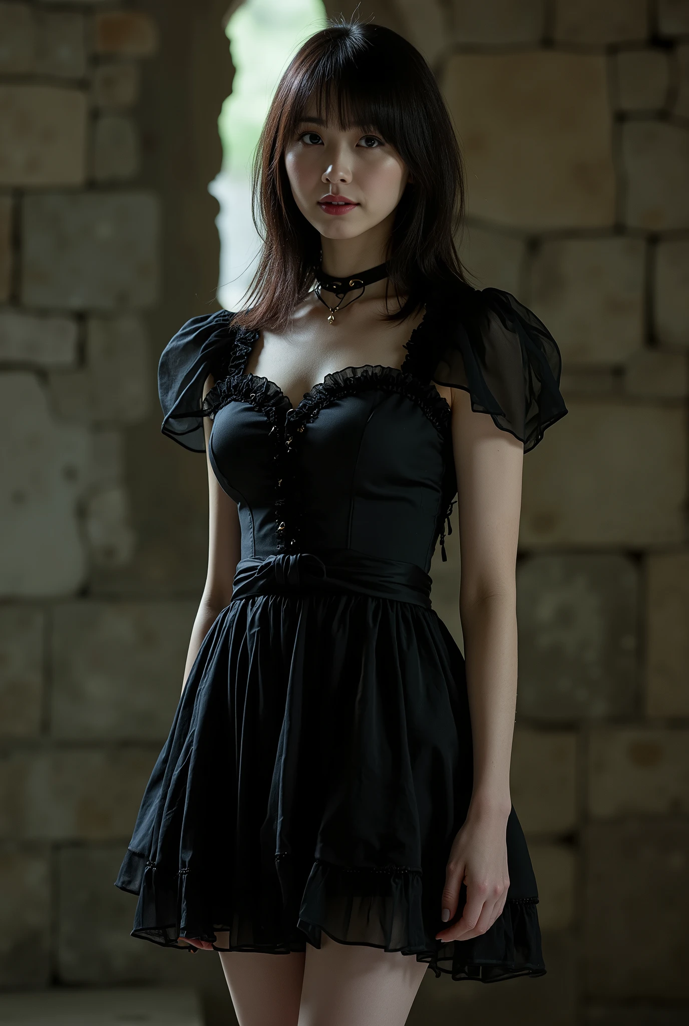 Create a stunning portrait of a beautiful Japanese idol in a gothic mini dress with gothic make-up. She should have semi-long hair, a slender body type, small breasts, and thin legs. The background should evoke a stone room in an old castle. Use cinematic lighting to enhance the overall aesthetic.
