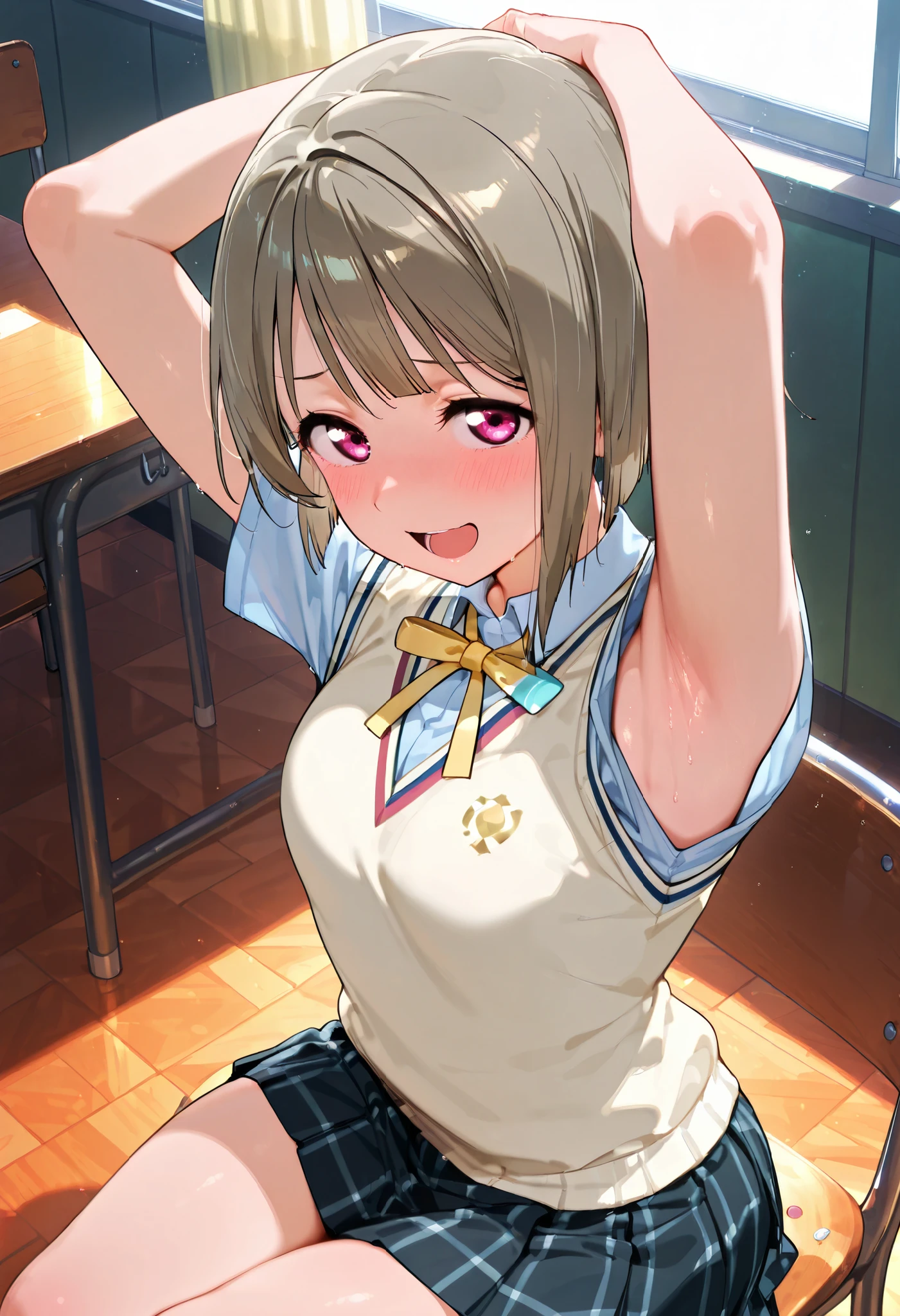 nakasu kasumi, asymmetrical hair, short hair, small breasts, single sidelock,
short sleeves, sweater vest, summer uniform, nijigasaki academy school_uniform,
,BREAK, armpit, arms over head, focus on armpit,
smile, ,scorn,open mouth, (cheerful),looking down at viewer,\(red blush\), embarrassed,
BREAK,
,sitting,sitting on cheir, looking at viewer,,
from side,show armpit from short sleeves,from above,
((masutepiece,hight resolution)), masutepiece, Best Quality, , absurderes, Perfect Skin, Detailed skin texture, ultra-detailliert, 8K, Intricate details, beautifull detailed face,hight resolution, 1girl ,from front,
indoors,class room