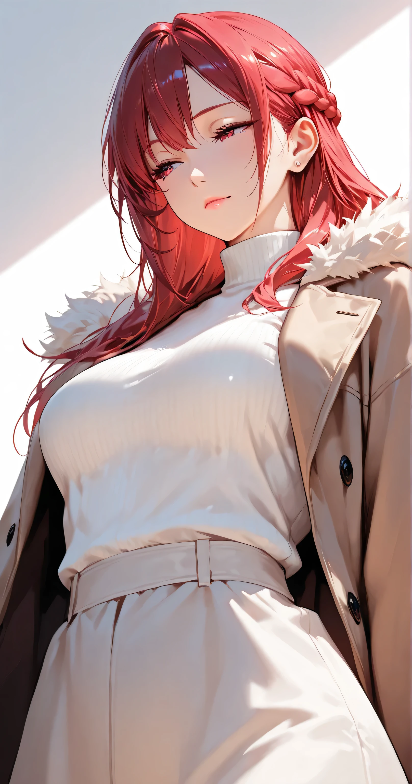 (Uhd, Masterpiece, Textured Skin, Super Detail, High Details, High Quality, Best Quality), Detailed Face, 1woman, mature pretty woman, (Red hair tied in a bun, long hair), (black top crop shirt with sheer sleeves), (black pants), (Huge Body:1.5, tall), rainy day, (Low-sized breasts), (Under an umbrella on the street), (wet:1.5_