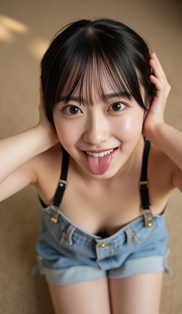 (Sister dancing K-POP dance at a city festival), crawling on all fours, no bra, (Flat chest: 1.6), ((Nipples visible from the chest)), (Shirt with wide open chest)), 18year old ,twin tails hair, Breasts: 1.6, nipples visible, down blouse, munechira ,orgasm face: 1.8