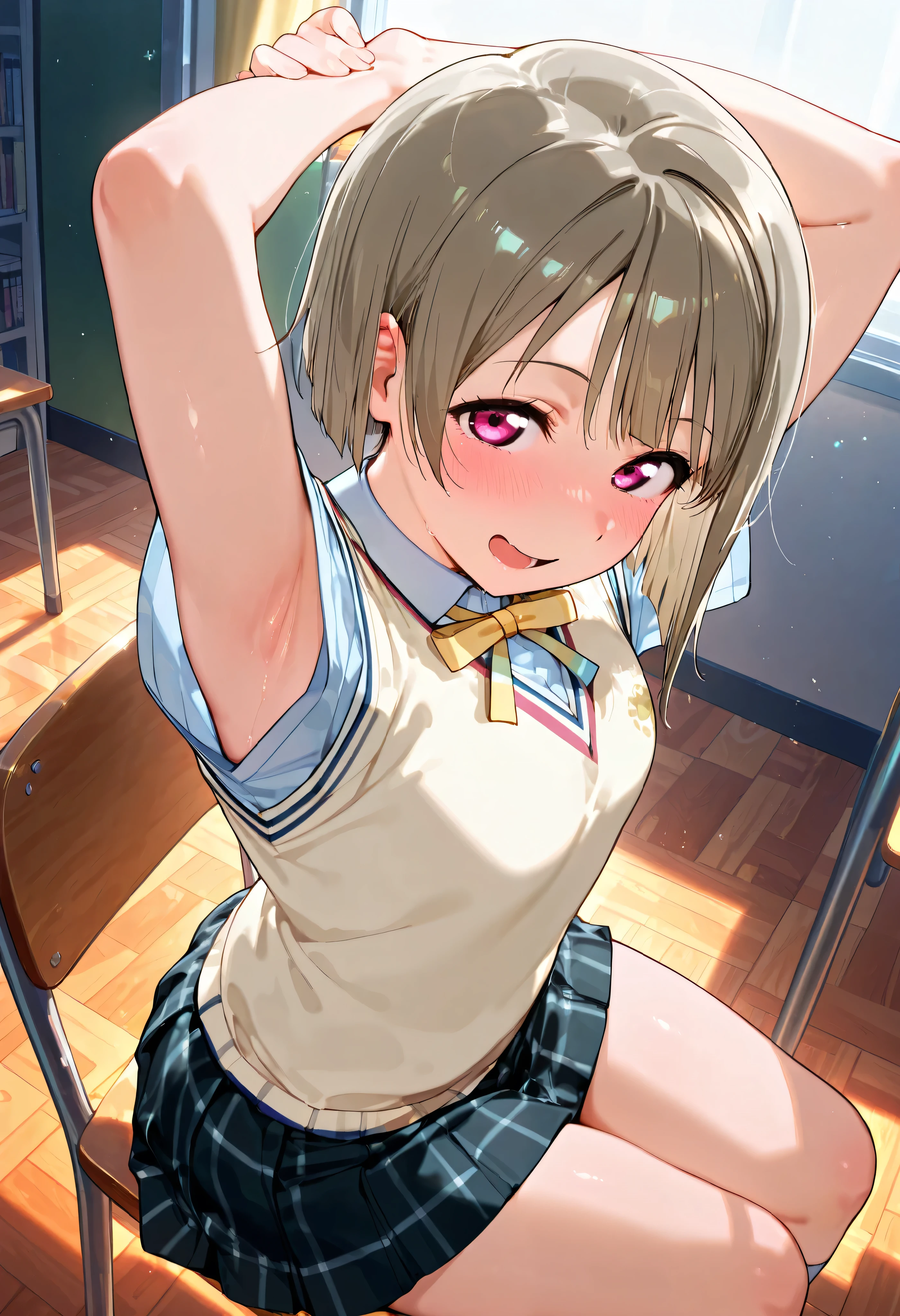 nakasu kasumi, asymmetrical hair, short hair, small breasts, single sidelock,
short sleeves, sweater vest, summer uniform, nijigasaki academy school_uniform,
,BREAK, armpit, arms over head, focus on armpit,
smile, ,scorn,open mouth, (cheerful),looking down at viewer,\(red blush\), embarrassed,
BREAK,
,sitting,sitting on cheir, looking at viewer,,
from side,show armpit from short sleeves,from above,
((masutepiece,hight resolution)), masutepiece, Best Quality, , absurderes, Perfect Skin, Detailed skin texture, ultra-detailliert, 8K, Intricate details, beautifull detailed face,hight resolution, 1girl ,from front,
indoors,class room