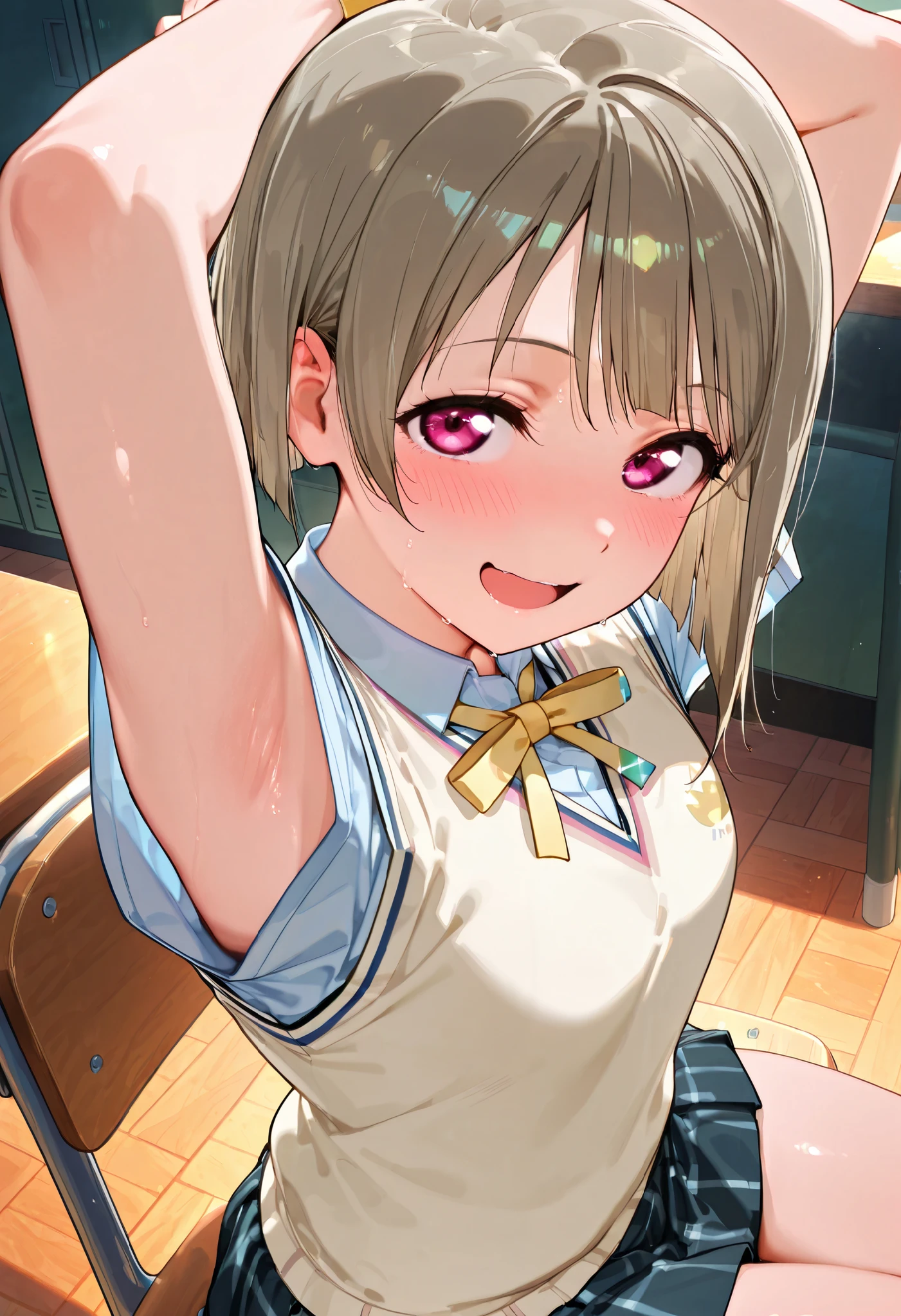 nakasu kasumi, asymmetrical hair, short hair, small breasts, single sidelock,
short sleeves, sweater vest, summer uniform, nijigasaki academy school_uniform,
,BREAK, armpit, arms over head, focus on armpit,
smile, ,scorn,open mouth, (cheerful),looking down at viewer,\(red blush\), embarrassed,
BREAK,
,sitting,sitting on cheir, looking at viewer,face closeup,
from side,show armpit from short sleeves,from above,
((masutepiece,hight resolution)), masutepiece, Best Quality, , absurderes, Perfect Skin, Detailed skin texture, ultra-detailliert, 8K, Intricate details, beautifull detailed face,hight resolution, 1girl ,from front,
indoors,class room