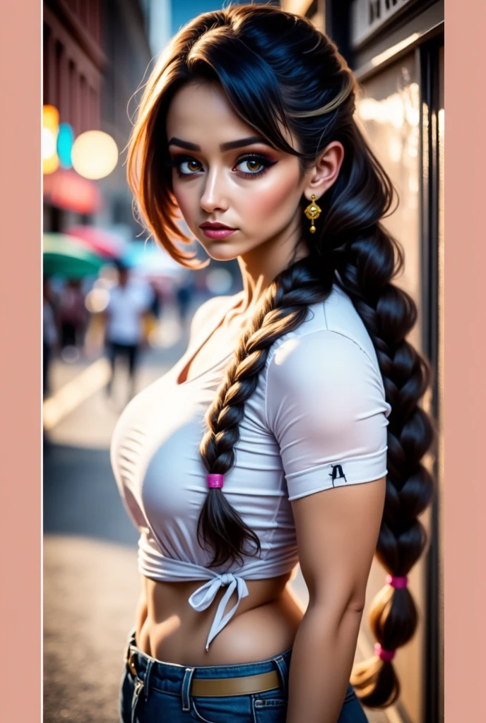 (best quality,ultra-detailed,realistic:1.37),oil painting,portrait,colorful,soft lighting, Native American Indian girl, uniform, gentle expression, big brown eyes, long black hair, pink cheeks, shy smile, feminine features, traditional accessories, feather headdress, turquoise jewelry, standing pose, ((lifting her skirt)) slightly, revealing ((pink panties)), alluring gaze, flirting with the viewer, delicate brushstrokes, vibrant colors, intricate patterns, cultural pride.