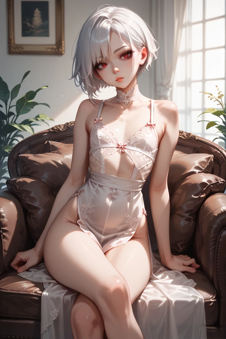 a girl、a baby face、Very cute、slim and beautiful、((small :1.2))、well drawn eyes、charming eyes、double tail、Wear jewelry and pearls around your neck，Transparent openwork、deep v、crystal pearl、在Wear jewelry and pearls around your neck，white hair, Showing thighs, bare shoulders, Show collarbone, Yao Liu, barefoot，((whole body))、painful posture