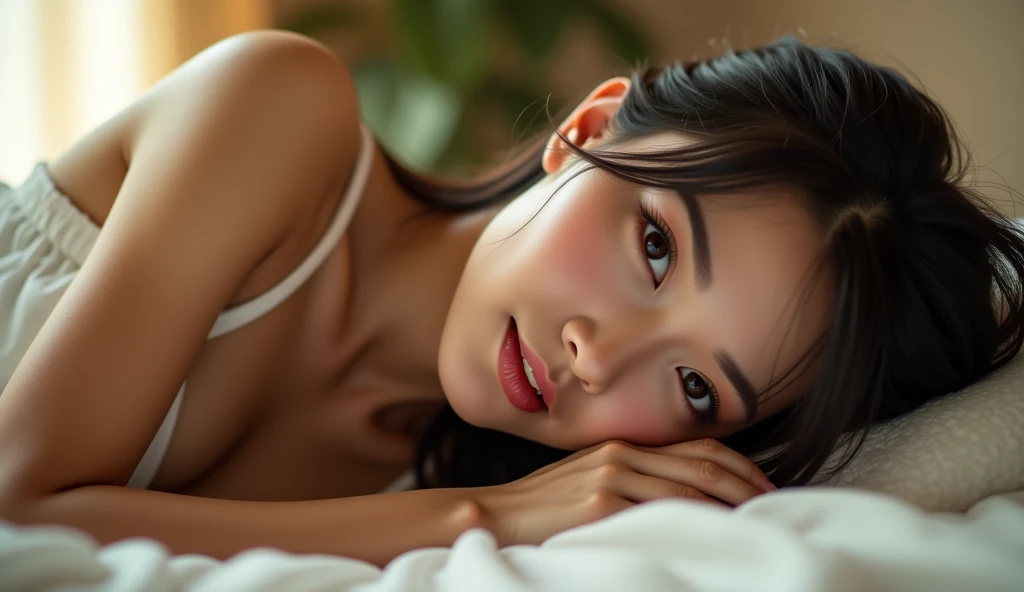 Woman, One, 1, Malaysian, Turkish, Skinny, White skin, big breasts, Rounded breasts, Skinny thighs, Medium ass, Rounded ass, Makeup, Thick eyebrows, Long eyelashes, Big eyes, Beauty face, Cute face, Horny face, Orgasm face, Happy face, Brunette hair, Medium hair, naked, full body, cum on face, wet pussy, mira filzah, open leg, lying in bed