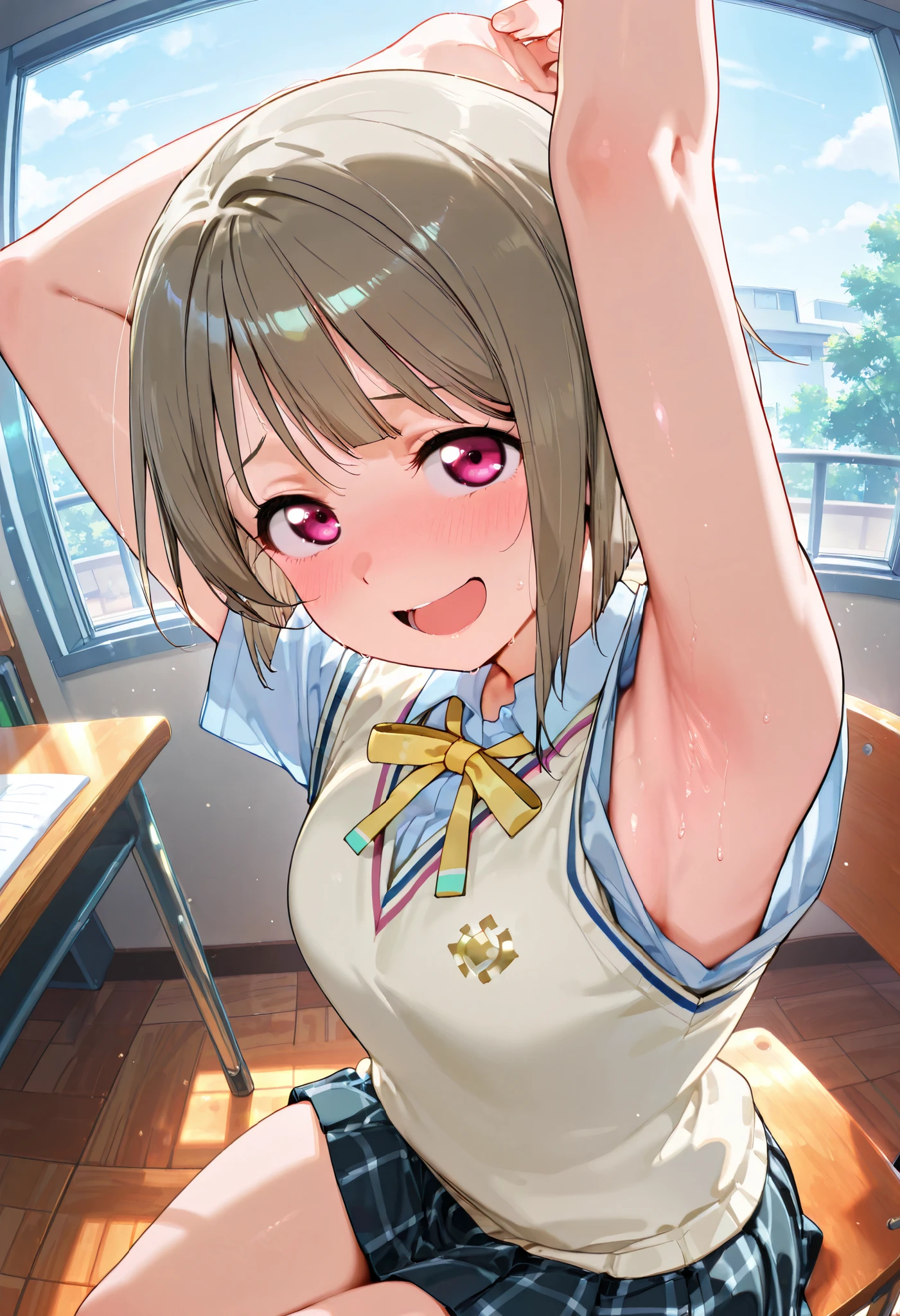 nakasu kasumi, asymmetrical hair, short hair, small breasts, single sidelock,
short sleeves, sweater vest, summer uniform, nijigasaki academy school_uniform,
,BREAK, armpit, arms over head, focus on armpit,
smile, ,scorn,open mouth, (cheerful),looking down at viewer,\(red blush\), embarrassed,
BREAK,
,sitting,sitting on cheir, looking at viewer, face closeup, fisheye,
from side,show armpit from short sleeves,from above,
((masutepiece,hight resolution)), masutepiece, Best Quality, , absurderes, Perfect Skin, Detailed skin texture, ultra-detailliert, 8K, Intricate details, beautifull detailed face,hight resolution, 1girl ,from front,
indoors,class room
