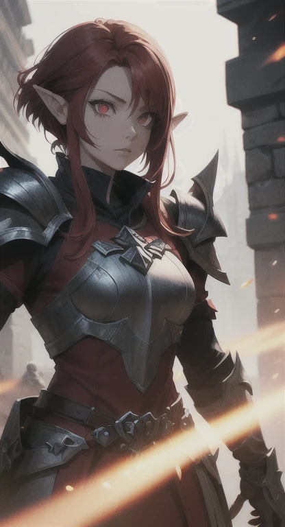 Female, red hair, dragon wings, black and red armor, holding a flame, fierce determination
