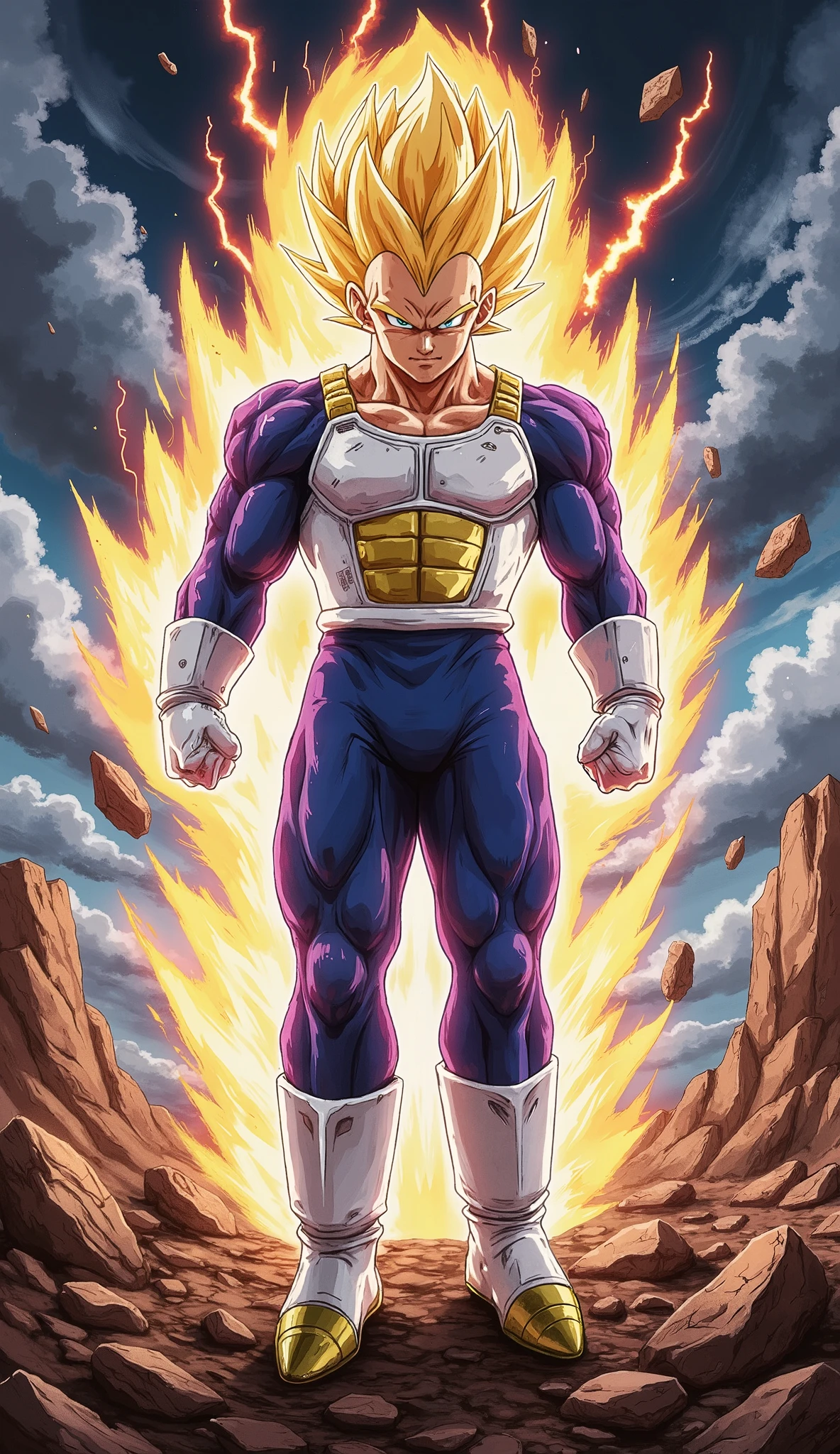 Vegeta, 18 years old and handsome, stands in mid-air with his body angled in a confident and cool pose. His figure is slightly turned, showcasing his muscular build and readiness for battle. His sharp blue eyes are filled with intense anger and focus as he looks over his shoulder. He wears a sleek blue battle suit that hugs his athletic physique. His spiky blonde hair glows with a thick golden aura, radiating with fierce lightning bolts. Debris and shattered rocks swirl around him, emphasizing his overwhelming power. Behind him is a desolate landscape, strewn with rocks under a dramatic stormy sky. The scene is illustrated in an extremely detailed Dragon Ball Z anime style, inspired by Dragon Ball Z, with dynamic lighting, high contrast, and a grand action atmosphere. The watercolor technique adds energy and movement to the artwork. Vegeta is designed with a realistic and refined touch, resembling high-quality digital art from comics and video games.