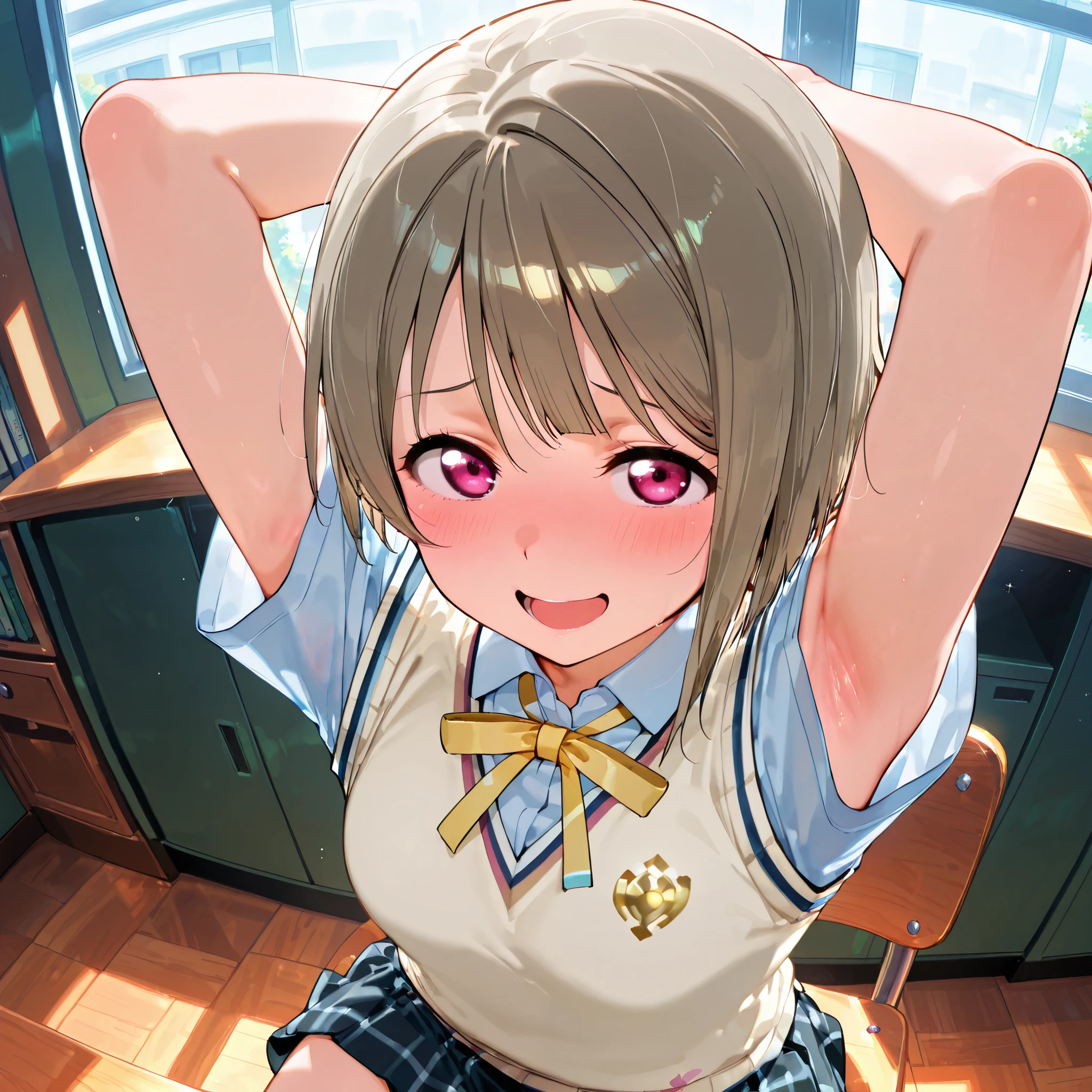 nakasu kasumi, asymmetrical hair, short hair, small breasts, single sidelock,
short sleeves, sweater vest, summer uniform, nijigasaki academy school_uniform,
,BREAK, armpit, arms over head, focus on armpit,
smile, ,scorn,open mouth, (cheerful),looking down at viewer,\(red blush\), embarrassed,
BREAK,
,sitting,sitting on cheir, looking at viewer, face closeup, fisheye,
from side,show armpit from short sleeves,from above,
((masutepiece,hight resolution)), masutepiece, Best Quality, , absurderes, Perfect Skin, Detailed skin texture, ultra-detailliert, 8K, Intricate details, beautifull detailed face,hight resolution, 1girl ,from front,
indoors,class room