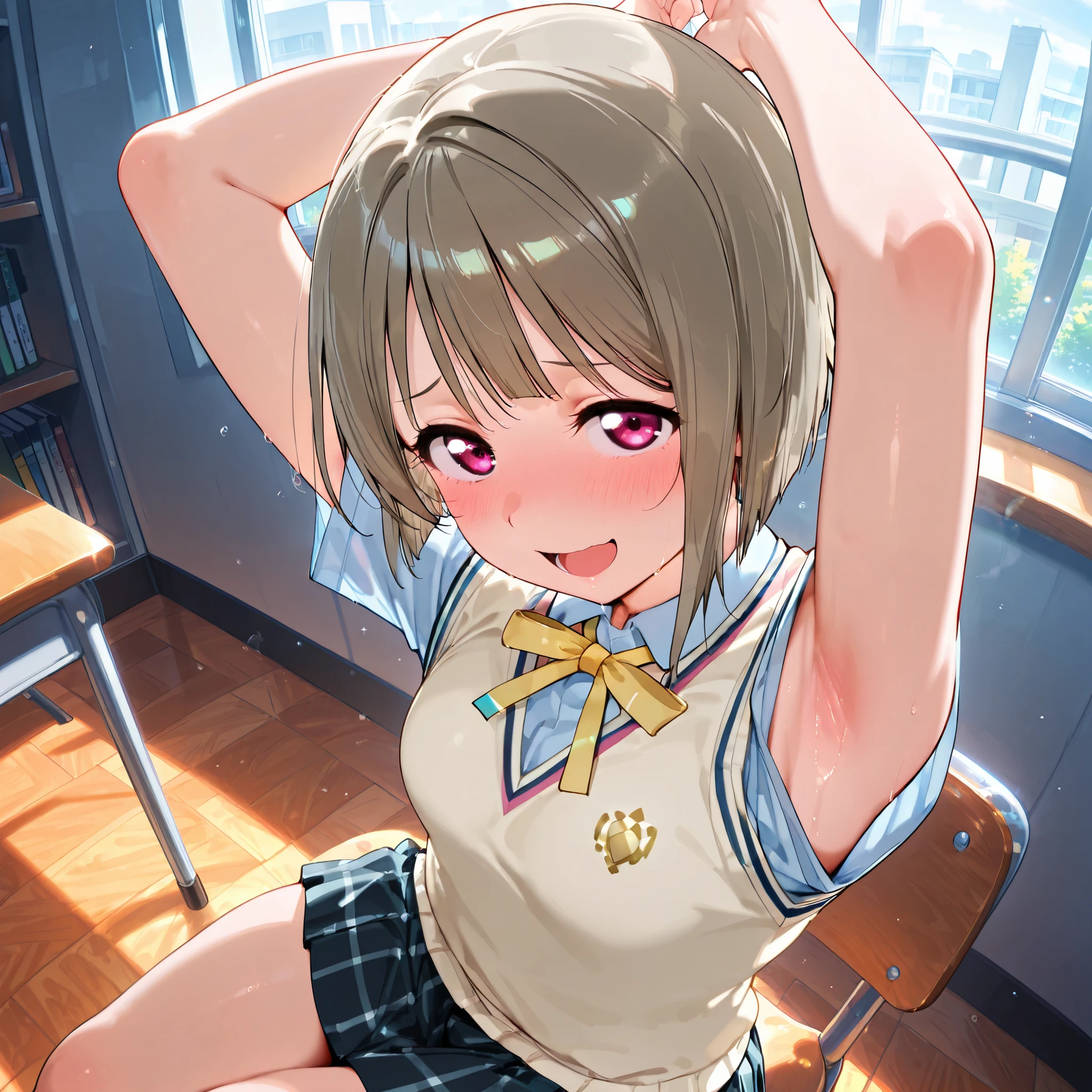 nakasu kasumi, asymmetrical hair, short hair, small breasts, single sidelock,
short sleeves, sweater vest, summer uniform, nijigasaki academy school_uniform,
,BREAK, armpit, arms over head, focus on armpit,
smile, ,scorn,open mouth, (cheerful),looking down at viewer,\(red blush\), embarrassed,
BREAK,
,sitting,sitting on cheir, looking at viewer, face closeup, fisheye,
from side,show armpit from short sleeves,from above,
((masutepiece,hight resolution)), masutepiece, Best Quality, , absurderes, Perfect Skin, Detailed skin texture, ultra-detailliert, 8K, Intricate details, beautifull detailed face,hight resolution, 1girl ,from front,
indoors,class room