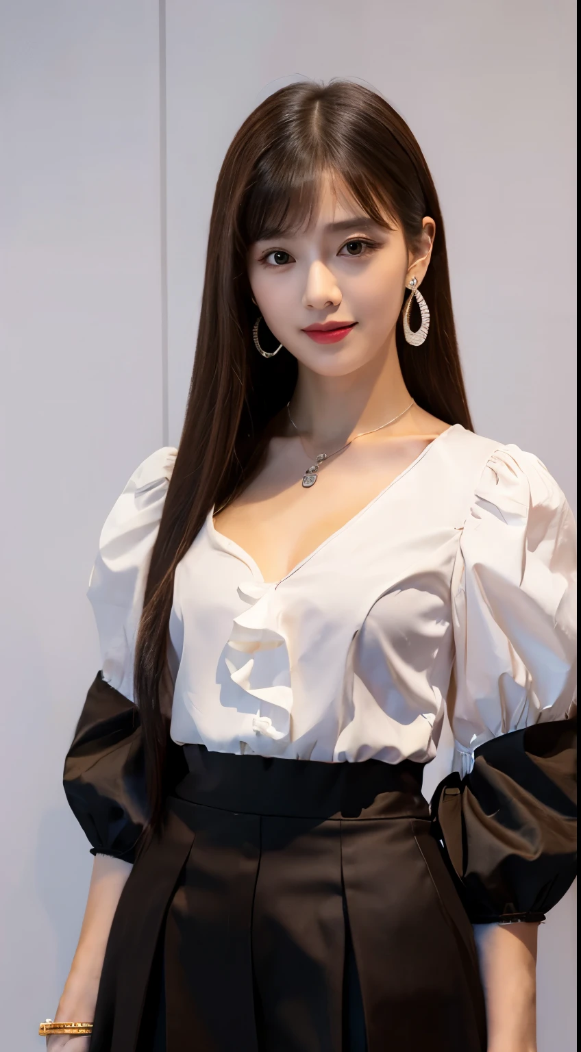 Pure Fuyuko, 1 Girl, Solitary, Black Hair, have, jewelry, Long hair, Looking at the audience, Bangs, earrings, skirt, White background, Smile, shirt, Simple background, Heart earrings, Long sleeve, Heart, Black tiara, black shirt, frilled Necklace, breast, Brown eyes, Necklace, blunt Bangs, Upper Body, Berets, medium breast, brown skirt, decorate, Nail polish, ribbon, Red nails, Shut up, Animal print, blush, Ruffled sleeves, Leopard, neck ribbon, own hands