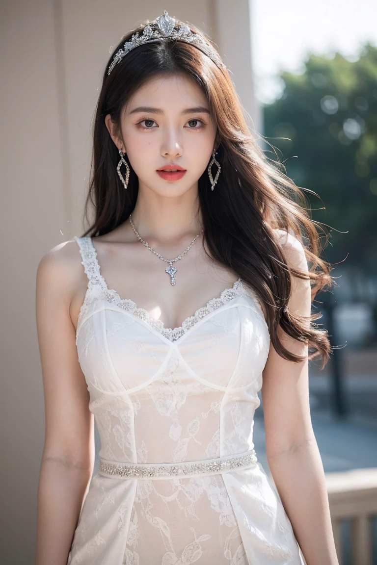 ((masterpiece: 1.4, 最high quality))+,(Super detailed)+, Official Art, unity 8k wallpaper, Super detaileded, beautiful, high quality, beautiful, masterpiece, 最high quality, whole body, Character portrait, White Background, Dark Eyes, Black Little Snake, White Theme, Red Jewelry, stud, Black lace flats, Asymmetrical Skirt, Bloodstains on skirt, devil, skeleton, Lots of lace,(masterpiece:1.3), (8k, Photorealistic, Raw photo, Best image quality: 1.4), Korean Idols、(Random Hairstyles:1.2)、Cleavage:1.2、Super detailed face、Attention to detail、double eyelid、Put your chest together、Sharp focus:1.2、Beautiful woman:1.4、Light brown hair、最high quality、masterpiece、超A high resolution、(Photorealistic:1.4)、Highly detailed and professionally lit smile、Shoulders out、thin、Serious expression、Deadly position