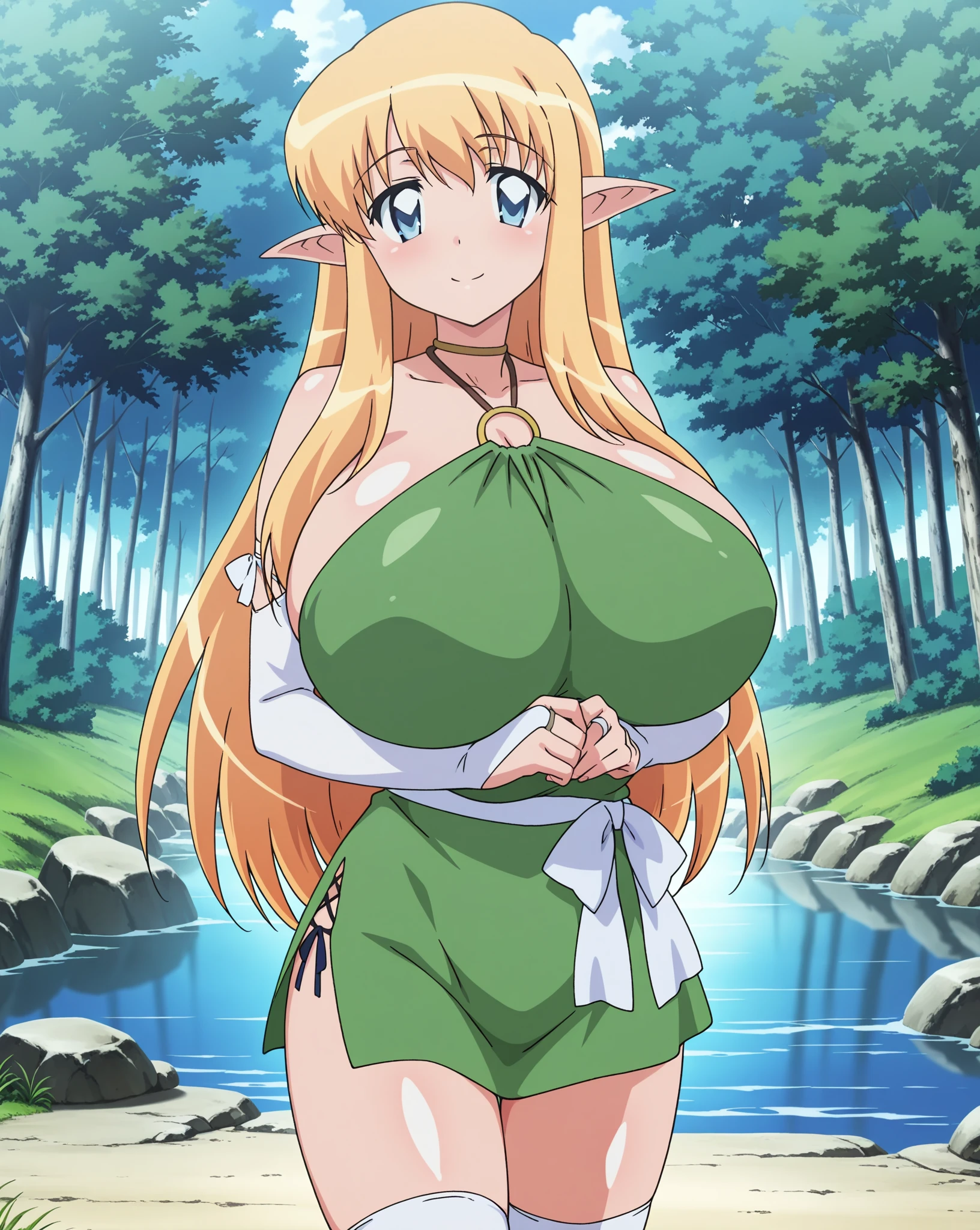 (masterpiece, highest quality:1.2), Ultra-high resolution), RAW Photos, Professional Lighting, Cinema Lighting, (1 girl), Leona, Dragon Quest:dai no daibouken, (blonde, Long Hair, Brown eyes, tiara, hair ornaments, bangs), ((earrings, brass Circlet, choker, torn white cape & cloak, sleeveless torn white cardigan, torn green short dress, torn white knee high socks, golden bracelet)), (((((ultra large natural breasts, Super huge tits, Super huge boob, Super huge cleavages))))), (nature, grasses, rocks, trees, lake, sky), detailed face, detailed eyes, clear & fine eyes, full body shot, standing, (torn clothes:1.85, NSFW:1.85, sweat bodies:1.85),