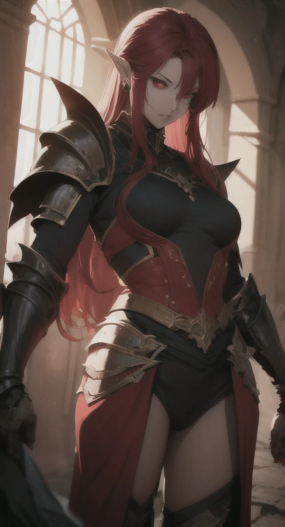 ((from below:1.2),(looking at viewer:1.8)),(1girl,(curvy:1.2),petite,beautiful breasts,(large breasts:1.5),pale skin,pointy breasts,(erect nipples),sweat),((clothed:1.8),leather boots,leather gauntlet,(carbon armor:1.5),(red embroidered white rash guard:1.5),(long silk sarong:1.5))),(((realistic),high resolution,best quality,masterpiece)),((extra long hair:1.5),hair blowing in the wind,blunt bangs,(extra light coppery red hair),hair over one eye),(get down on one knee,(leaning forward))