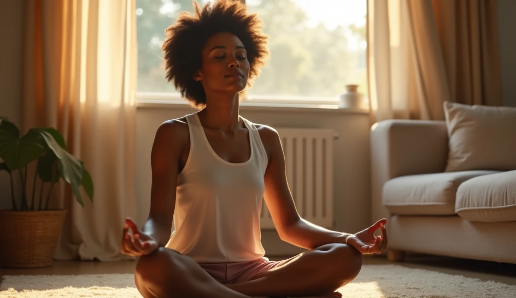 A young black woman with long, very curly, voluminous black power hair, in a meditation position with her eyes closed and her hands in a prayer position. She is wearing a lilac dress. The image should be a full-body shot in a meditation position, very realistic, in an all-white temple with a white floor, white stone walls, white ceiling, and white columns.
