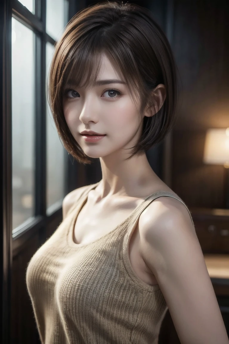 (highest quality, 8k, 32K, masterpiece), (Realistic), (Realistic:1.2), (High resolution), (night:1.7), Japan, cyber punk, City View, In front of the window,Wooden floor,
Blue jacket, Grey Shirt, clavicle, jewelry, gem, Brunette Bob,
1 female, 45 years old, beautiful Finger, beautiful long legs, beautifulbody, beautifulNose, beautifulcharacter design, Perfect Eyes, perfectface, Expressive eyes, View your viewers, Center the image, (upper_body), (Focus on her face),
Official Art, Very detailed CG Unity 8k wallpaper, Perfect lighting,Farbeful, bright_front_face_Lighting,Glowing Skin,
(masterpiece:1.0),(Highest_quality:1.0), 超High resolution,4K,Very detailed,
photograph, 8k, High resolution, High resolution, absurdes:1.2, 400 for Kodak Port, Film Grain, Blurred Background, bokeh:1.2, Lens flare, (Vibrant_Farbe:1.2)
(beautiful,chest), (beautiful_face:1.5),(narrow_Waist),
