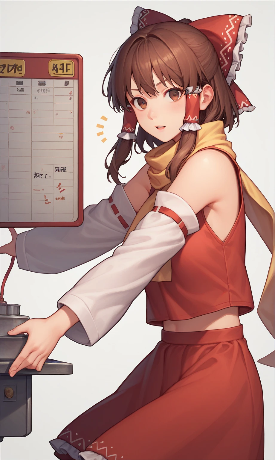 punctuation_9, punctuation_8_arriba, punctuation_8, punctuation_9, a girl, source _anime, a girl, hakurei reimu, brown hair, brown eyes, hair tubes, scarf, detachable sleeves, decorative ribbon, red skirt, red shirt, red bow, Cowboy shot, looking at viewer, detailed history, sanctuary