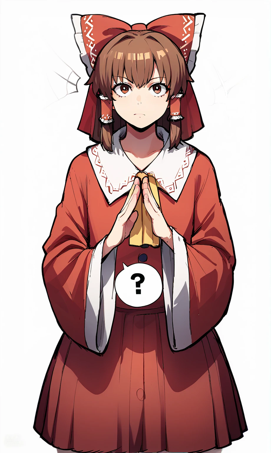 punctuation_9, punctuation_8_arriba, punctuation_8, punctuation_9, a girl, source _anime, a girl, hakurei reimu, brown hair, brown eyes, hair tubes, scarf, detachable sleeves, decorative ribbon, red skirt, red shirt, red bow, Cowboy shot, looking at viewer, detailed history, sanctuary