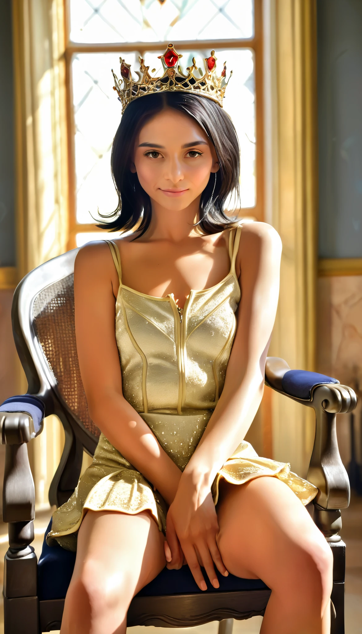 , the beautiful queen ,20 years, in a gorgeous dress , Holding a short scepter, wearing an elaborate crown, sitting on a precious throne, intricate, Detailed, exquisite throne, highly detailed face, Exquisite facial features, flawless skin, piercing look, elegant posture, bright lighting, dramatic shadows, rich bright colors , cinematic composition, photorealistic, 8 k, HDR, hyperrealistic, oil painting, Masterpiece