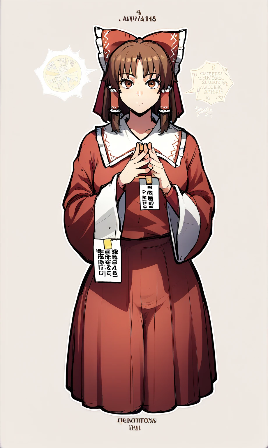 punctuation_9, punctuation_8_arriba, punctuation_8, punctuation_9, a girl, source _anime, a girl, hakurei reimu, brown hair, brown eyes, hair tubes, scarf, detachable sleeves, decorative ribbon, red skirt, red shirt, red bow, Cowboy shot, looking at viewer, detailed history, Place surface, lawn, Thicc, sexy, voluptuous