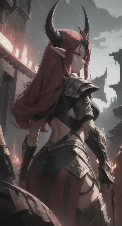 ((A red-haired warrior, from the back, wearing a skirt at the height of her ass, showing her ass, shot from below, close-up on her ass, (wearing medieval plate armor), steel gauntlets, steel gloves and steel breastplate, very detailed, looking back, wearing a skirt)), very detailed character, (she doesn't wear underwear, skirt showing big stuffed, pert, round ass, pussy showing, perfect smooth pussy showing, pubic hair sticking out (skirt in the wind, wind lifting skirt), sexy possession), medieval fantasy, d&d, RPG, masterpiece, best quality, 8K, ultra realistic, environment supported by rocks, waterfall. Long red hair blowing in the wind, the most desired girl in the world has a transcendental beauty, with expressive eyes, light green eyes, arched eyebrows, sensual lips and radiant skin. Her facial structure is symmetrically perfect, with delicately sculpted cheekbones and a refined chin.