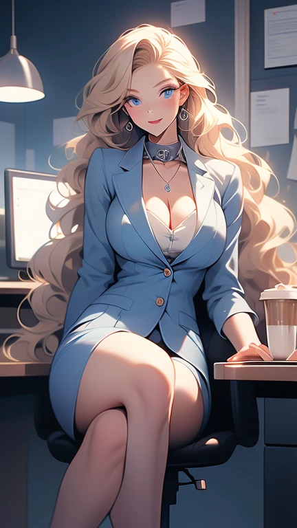 solo female, long wavy blonde hair, blue eyes, wink, secretary, office, business suit, wide seductive smile, elegant, necklace, business jacket, cleavage, computer, very large breasts, very long lashes, futuristic:0.3, drinking coffee, relaxed, holding mug, day, full body, close up