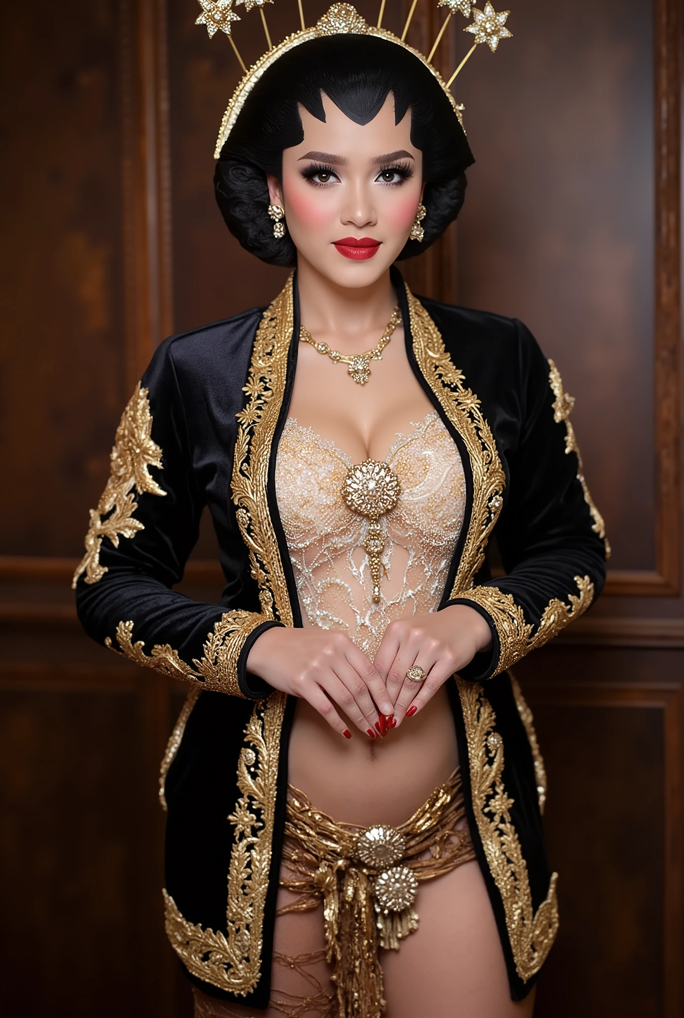 sexy javanese with absolute cleavage and thigh slit wearing glasses showing navel