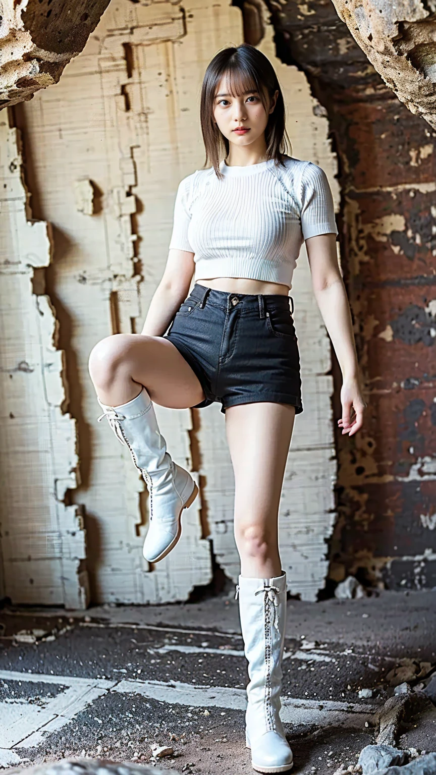 masterpiece,highest quality,High resolution,Full Body View,White jacket,Red innerwear,Belly button,Belted denim mini shorts,The heroine in white cowboy boots,Perfect Legs,Perfect Skin,Perfect Arms,Abdominal muscles,The background is an abandoned factory, short hair, naked portrait, nude photography, shiny nipple, show armpit 
