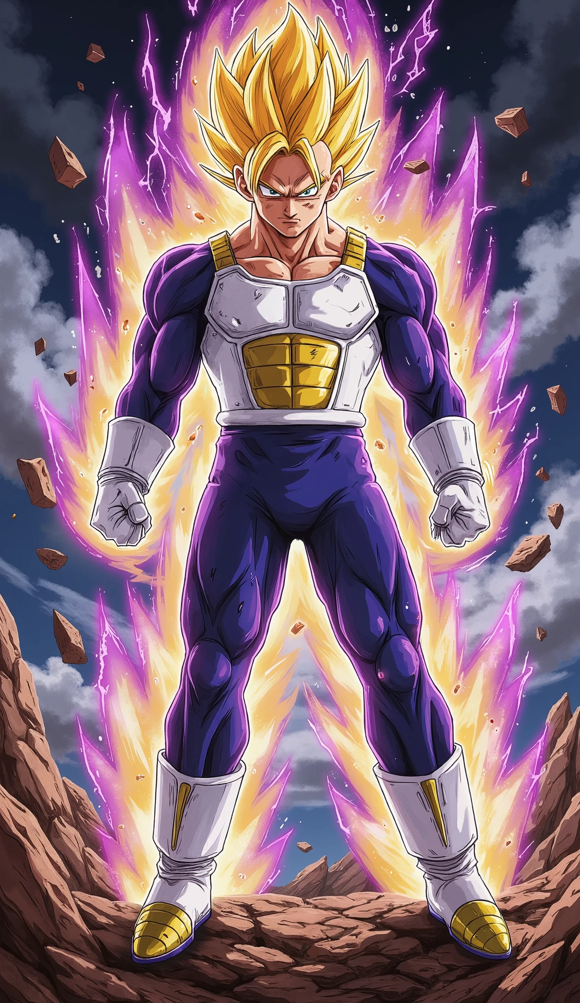 "Future Trunks, 18 years old and handsome, stands in mid-air. His body is covered by a blue battle suit. His sharp eyes are filled with anger. His spiky blonde hair is surrounded by a thick golden aura with fierce lightning bolts. Debris floats around, showcasing his overwhelming power. Behind him is a desolate landscape with rocks and a dramatic sky, illustrated in an extremely detailed Dragon Ball Z anime style, inspired by Dragon Ball Z, featuring dynamic lighting, high contrast, and a grand action scene. The watercolor artwork presents a dynamic and energetic illustration. The character is designed in a realistic and refined manner, reflecting the high quality of digital art often seen in modern comics and video games. He has large blue eyes and intense determination."