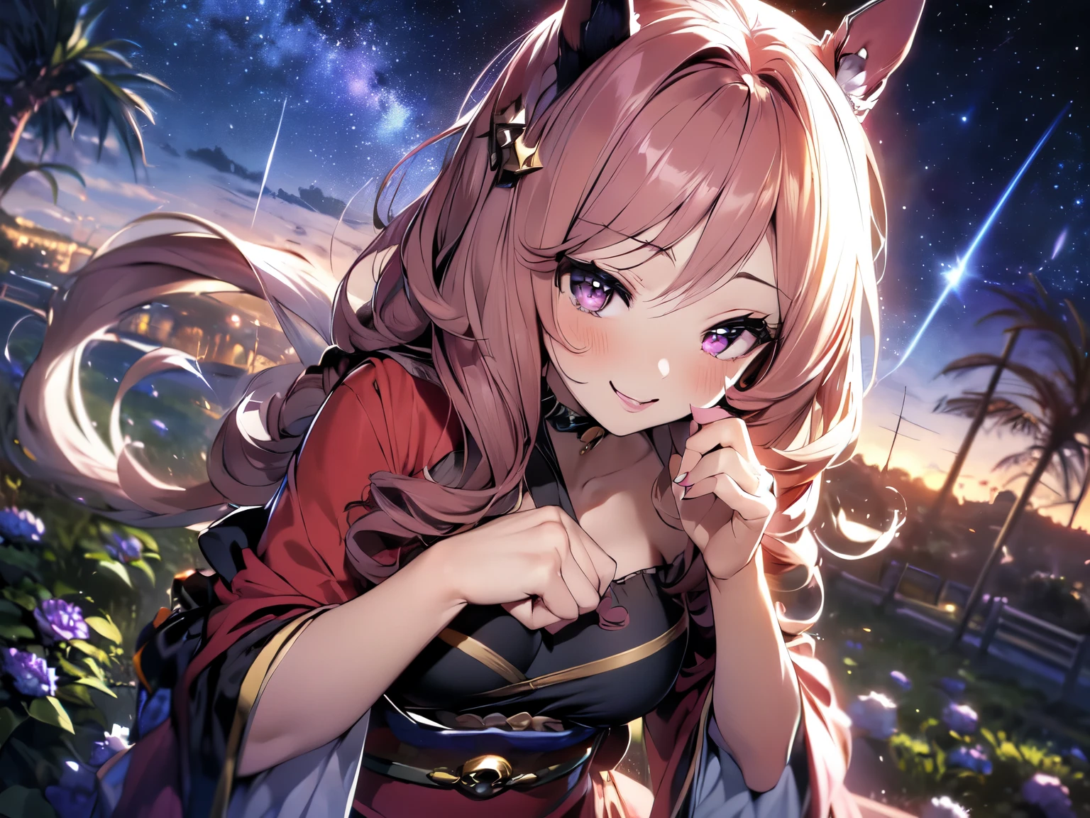 (solo), (anatomically accurate, best anime illustration, thin lines), (beautiful girl with horse ears and tail), (slim body, breasts wrapped in cloth), (bending over to highlight breasts), (looking at camera, ahegao, smiling, sexual climax), (long-sleeved red kimono, black pantyhose), (dark redhead, long wavy hair, blue-violet eyes, glowing eyes), (heavy makeup, blush, eyeshadow, lipstick), (lots of hair accessories), (crystal zone, crystal covered ground, crystal forest, starry sky), (focus on upper body)