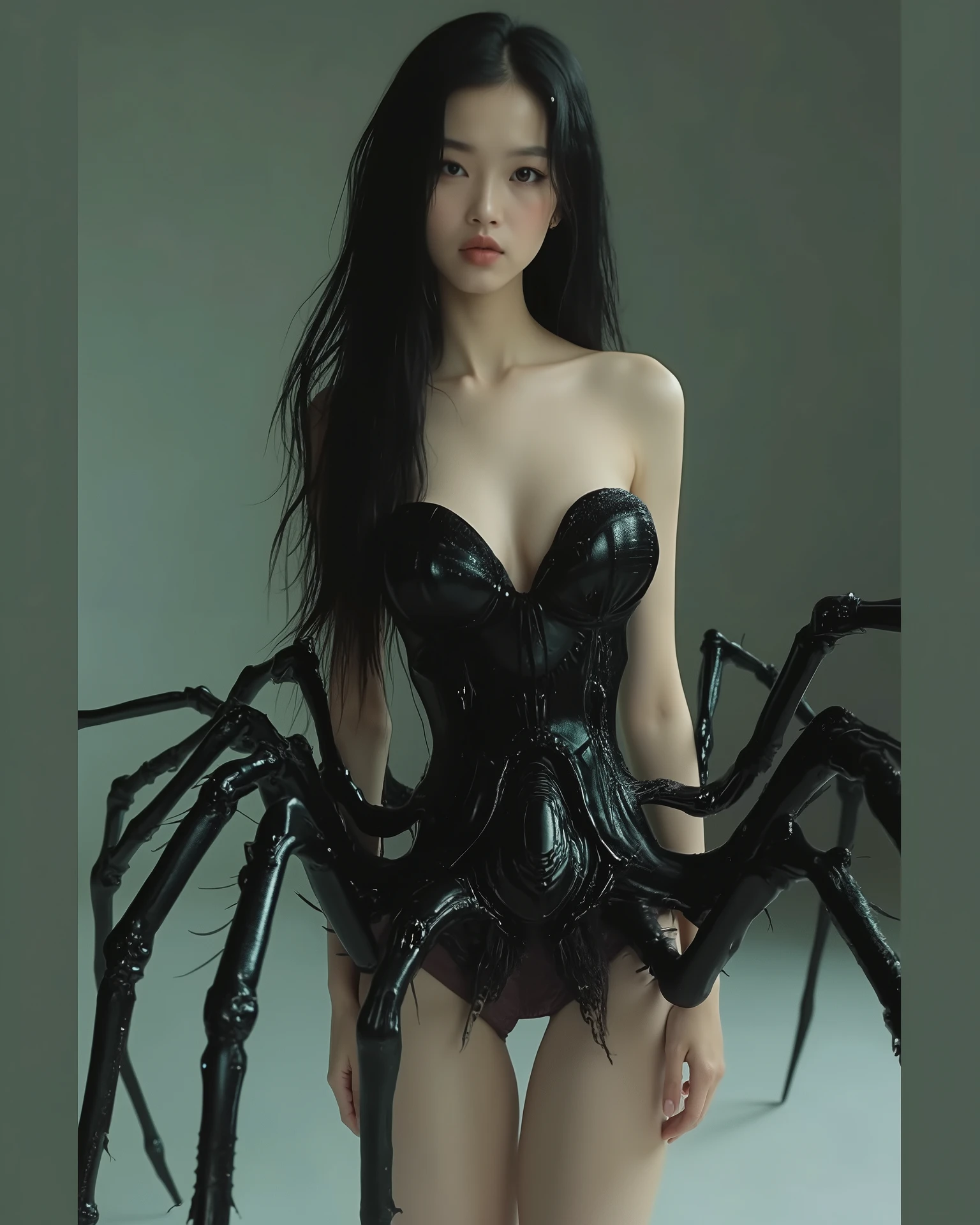 A small Asian woman with long white hair cute face and big breast half human half spider black widow, real photo studio bizzare photo, disturbed photo