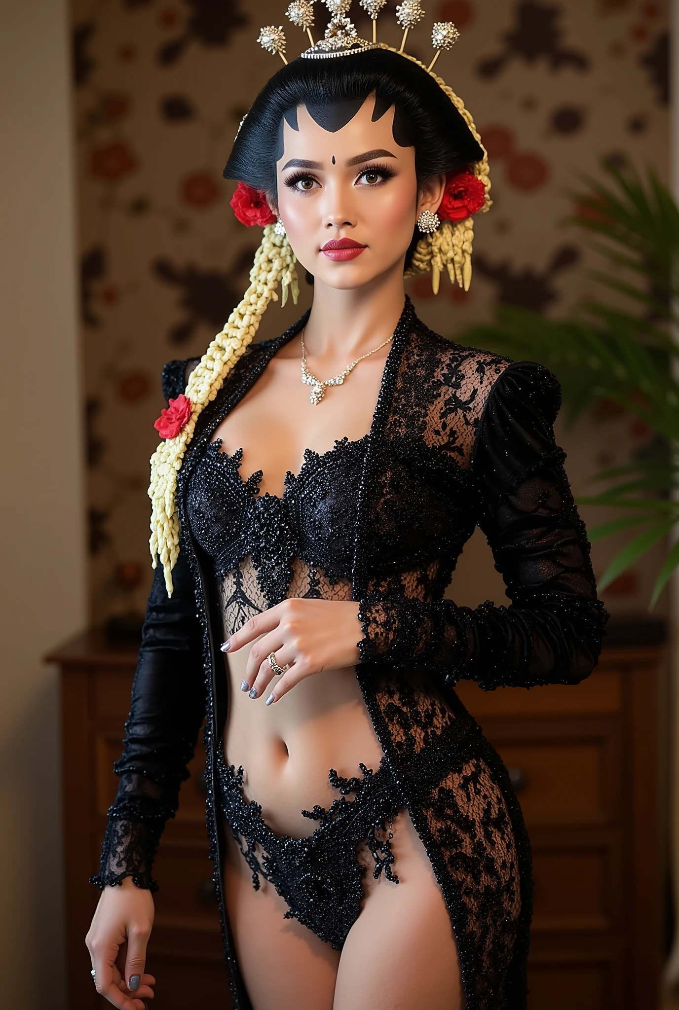 sexy javanese with absolute cleavage and thigh slit wearing glasses showing navel