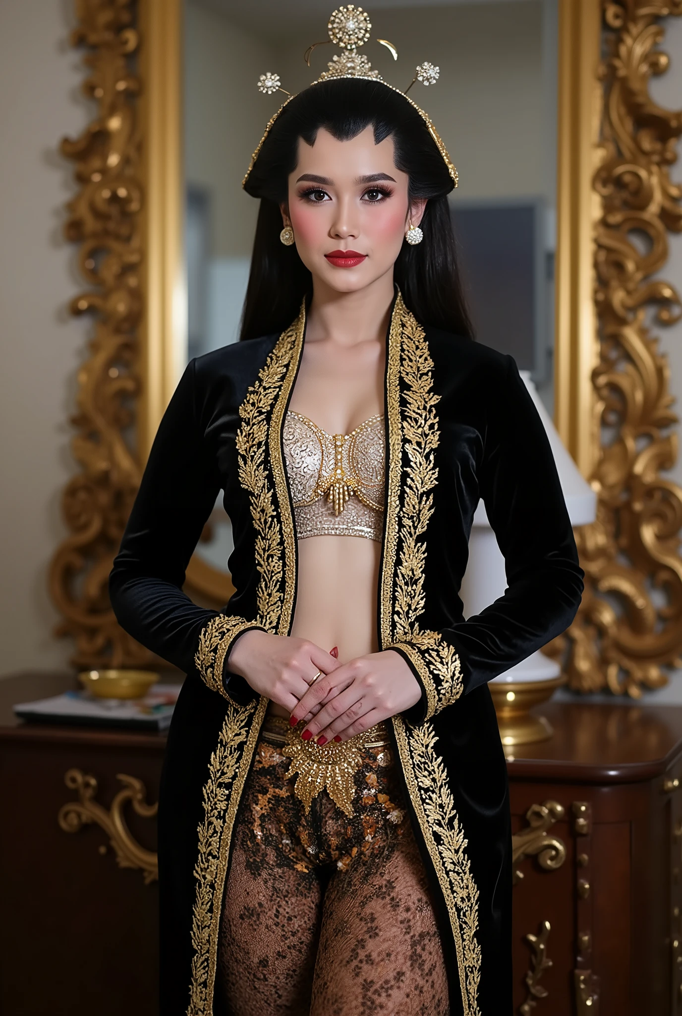 sexy javanese with absolute cleavage and thigh slit wearing glasses showing navel