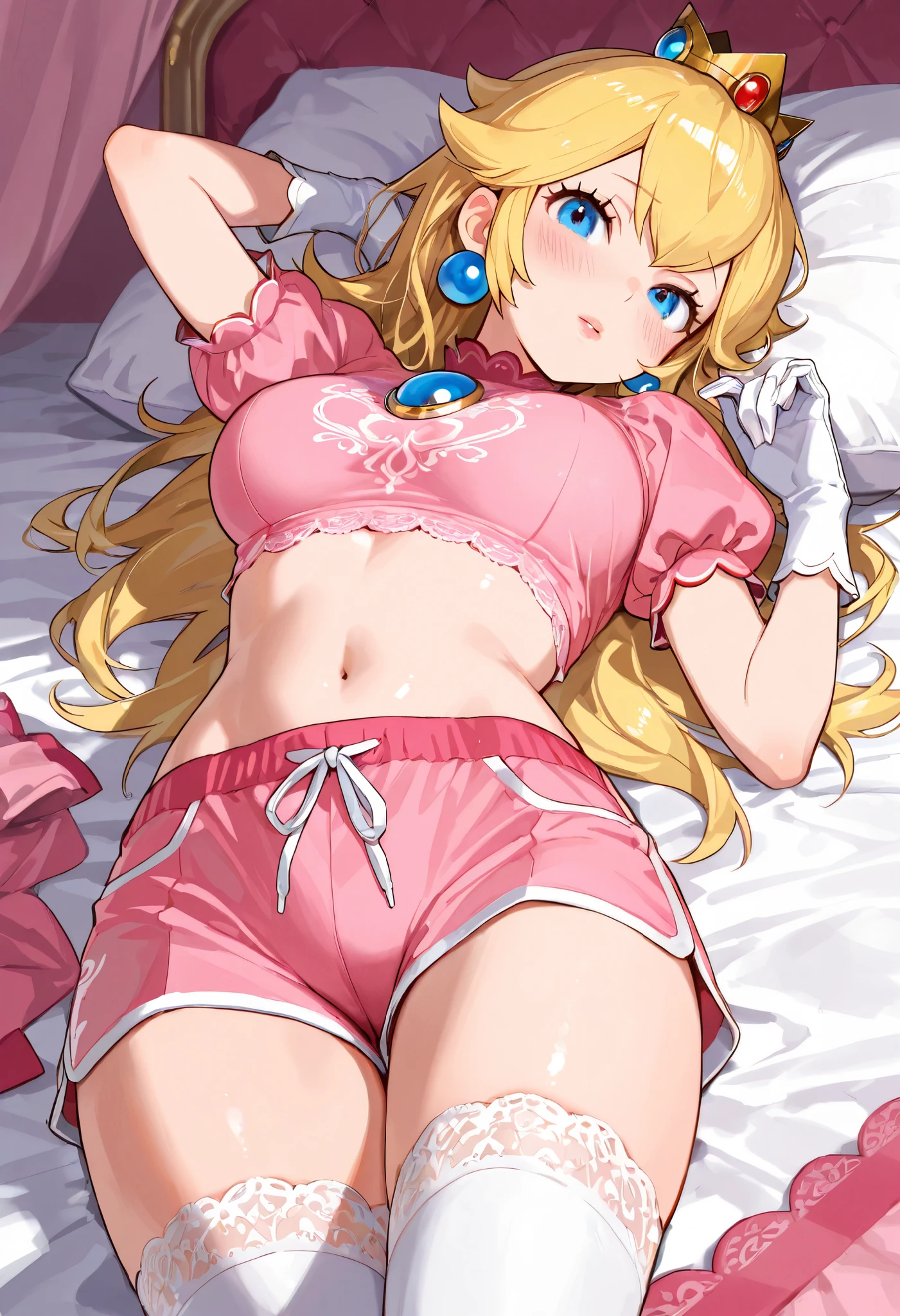 NSFW, 1 girl, star butterfly, blue eyes, blondie hair, long hair, heart shaped cheek marks, female nudity, horn hairband, bedroom background, pink stocking, (pink garterbelt:1.3), sitting at bed