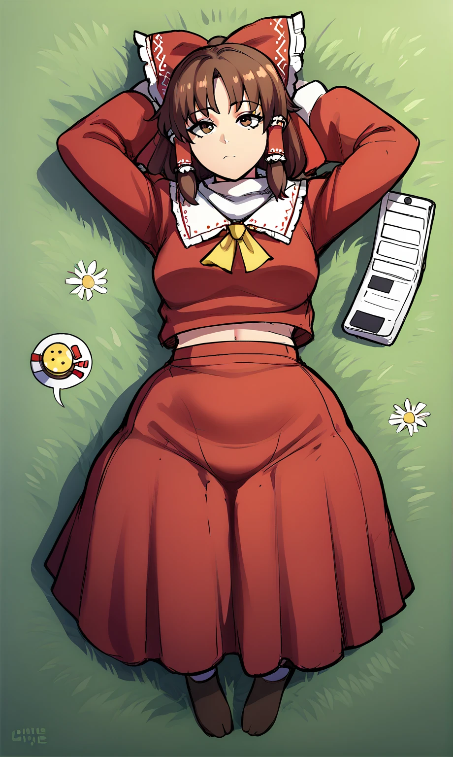 punctuation_9, punctuation_8_arriba, punctuation_8, punctuation_9, a girl, source _anime, a girl, hakurei reimu, brown hair, brown eyes, hair tubes, scarf, detachable sleeves, decorative ribbon, red skirt, red shirt, red bow, Cowboy shot, looking at viewer, detailed history, place surface, grass, Thicc, sexy, voluptuous, From above, thick thighs, sleeping,