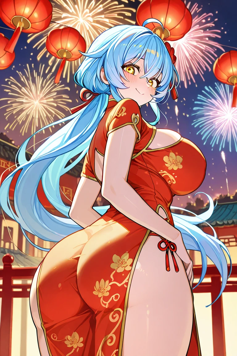1 girl, twilight \(it's all a miracle\) \(arknights\), arknights,(Masterpiece, Best quality), newest, ,turquoise chinese dress, Original outfit, , from the nanny, Black hair, horns, author: omone hokoma agm, dragon tail, night, fireworks, orange eyes,,