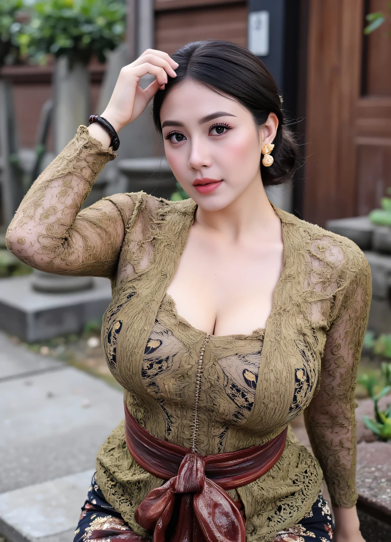 (Masterpiece: 1.2, Best High Quality), Realistic, (Realistic Picture, Complex Details, Depth of Field), Best Quality, Masterpiece, Highly Detailed, Realistic, DSLR lighting, Soft lighting, smooth sharp focus, HD PICTURE, perfect image color, 1 old mature, indonesian old woman, 45 Years Old, chest forward, big breasts, thin lips, beautiful and seductive, curvy mom body, wearing hijab muslimah, wearing kebaya bali, full body view, look at camera, randomly naughy pose,