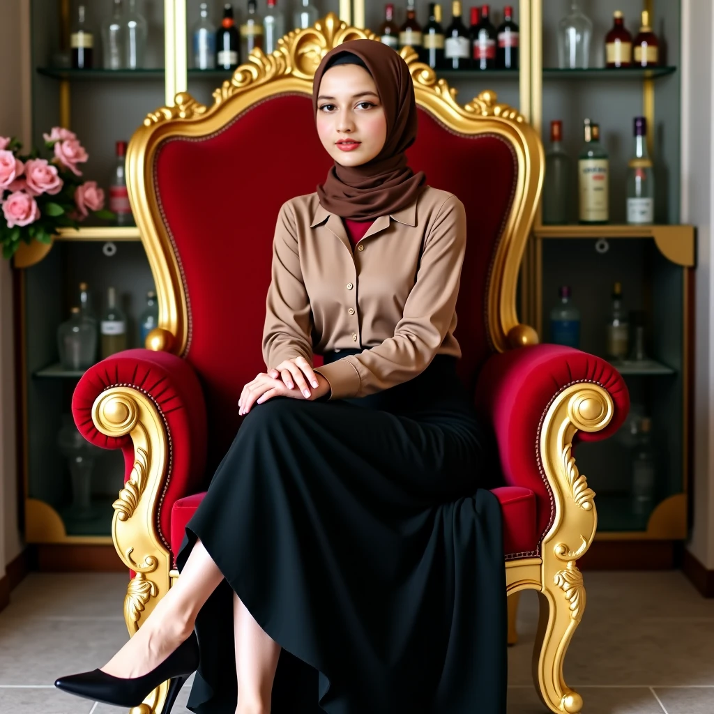 RAW, Best quality, high resolution, masterpiece: 1.3), beautiful Malay woman in hijab,Masterpiece, perfect fit body, big breast, arrogant evil smile, bad smile, thick thighs, muslim of a woman, luxury and glamour style, rich and shiny, wearing fashionable trench coat and overknee boots, very stylish, Excellent lighting, Bright colors, Clean lines, Full body. Sit on majestic throne in palace castle. Holding wine, nudity, Nsfw