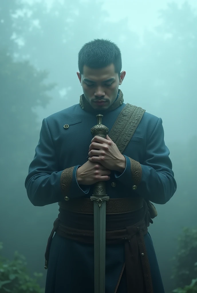 An injured teenage boy with a sword in his hands is surrounded by many bad people and it is raining in the middle of the village.