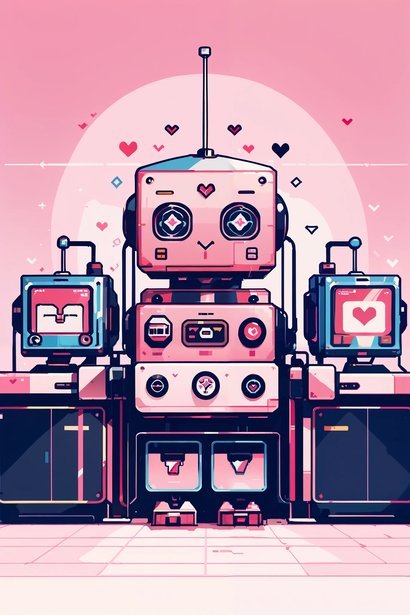 masterpiece, best quality, wide view, pink, heart, pink heart, big heart, a huge factory, robots, machines,